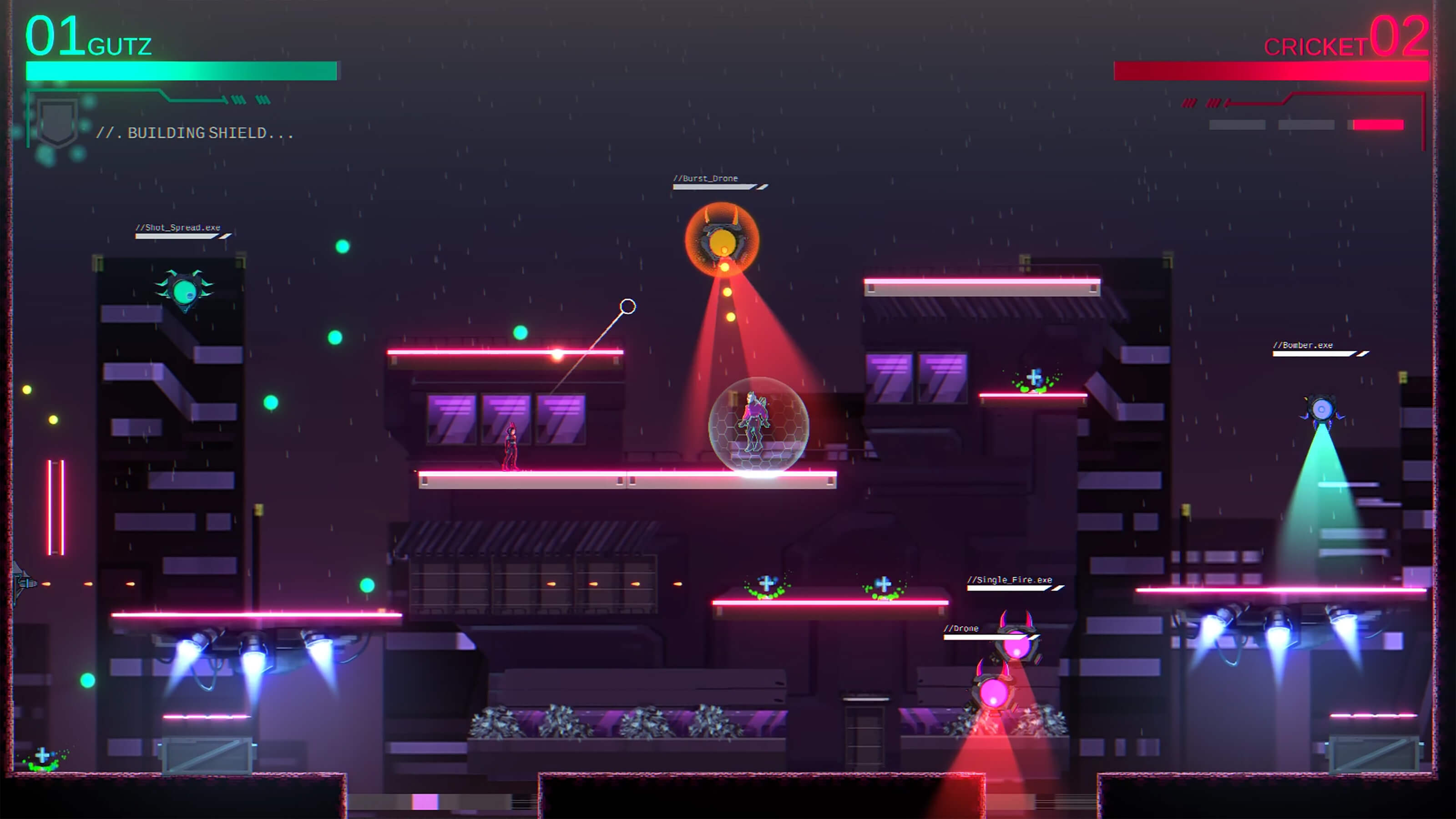 Neon cityscape at night; two characters stand on a platform surrounded by pulse-firing drones. 