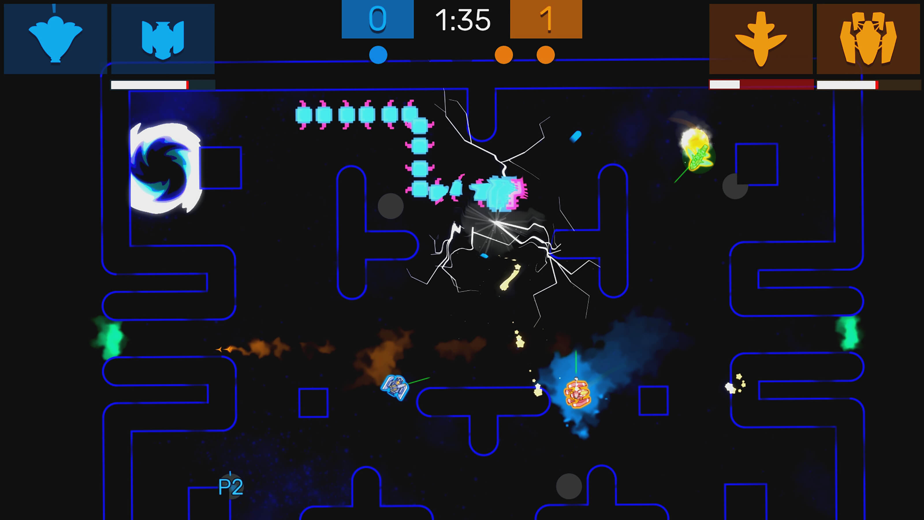 A turquoise centipede travels through a blue Pac-Man-like playing field surrounded by the players.