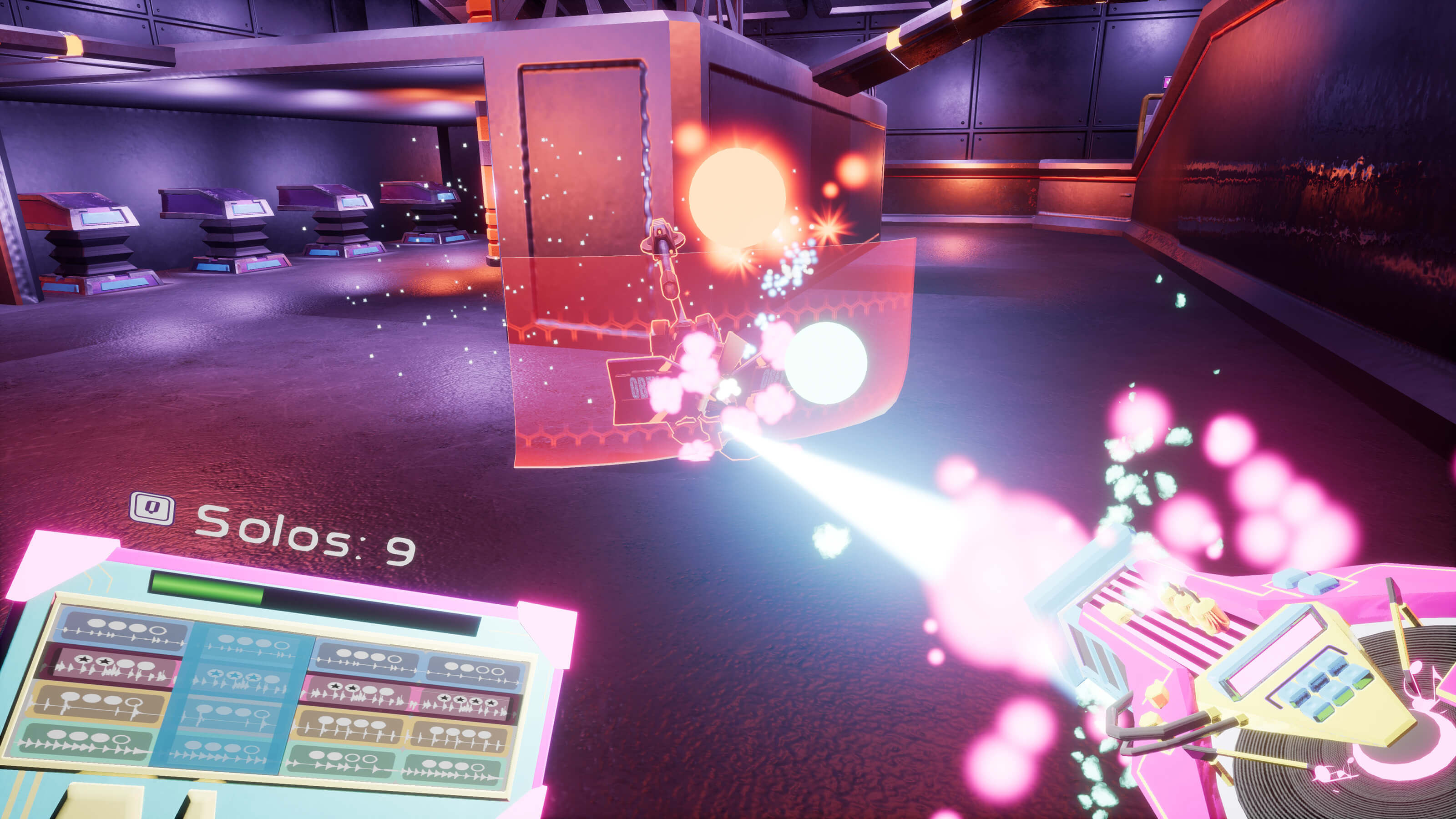 The player wields a pink turntable-like gun, blasting a white beam at a robotic enemy. 