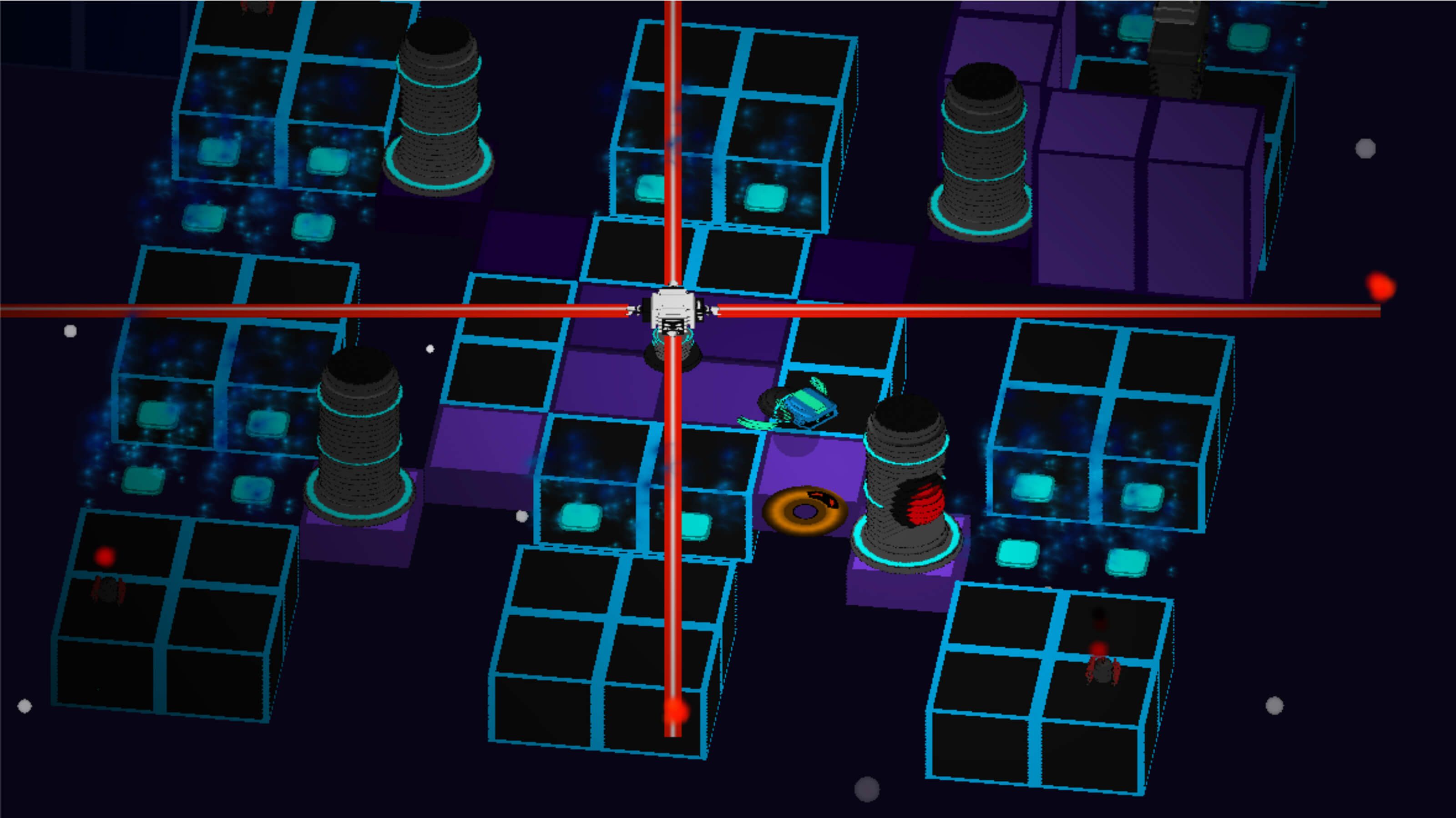 A laser turret shoots beams in four directions at once in a grid-like cybernetic world.