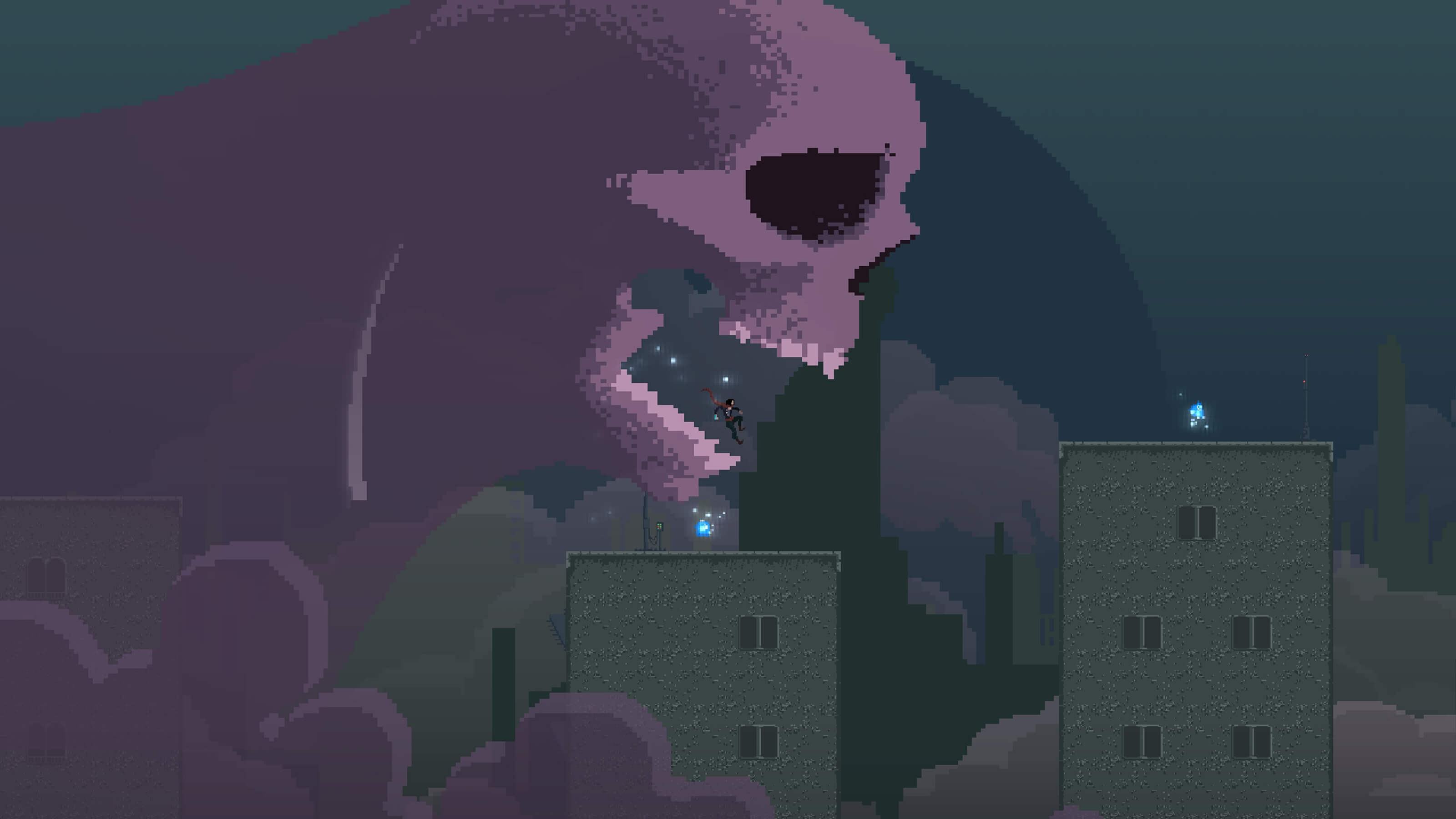 Polaris jumps from the maw of a giant purple skull.