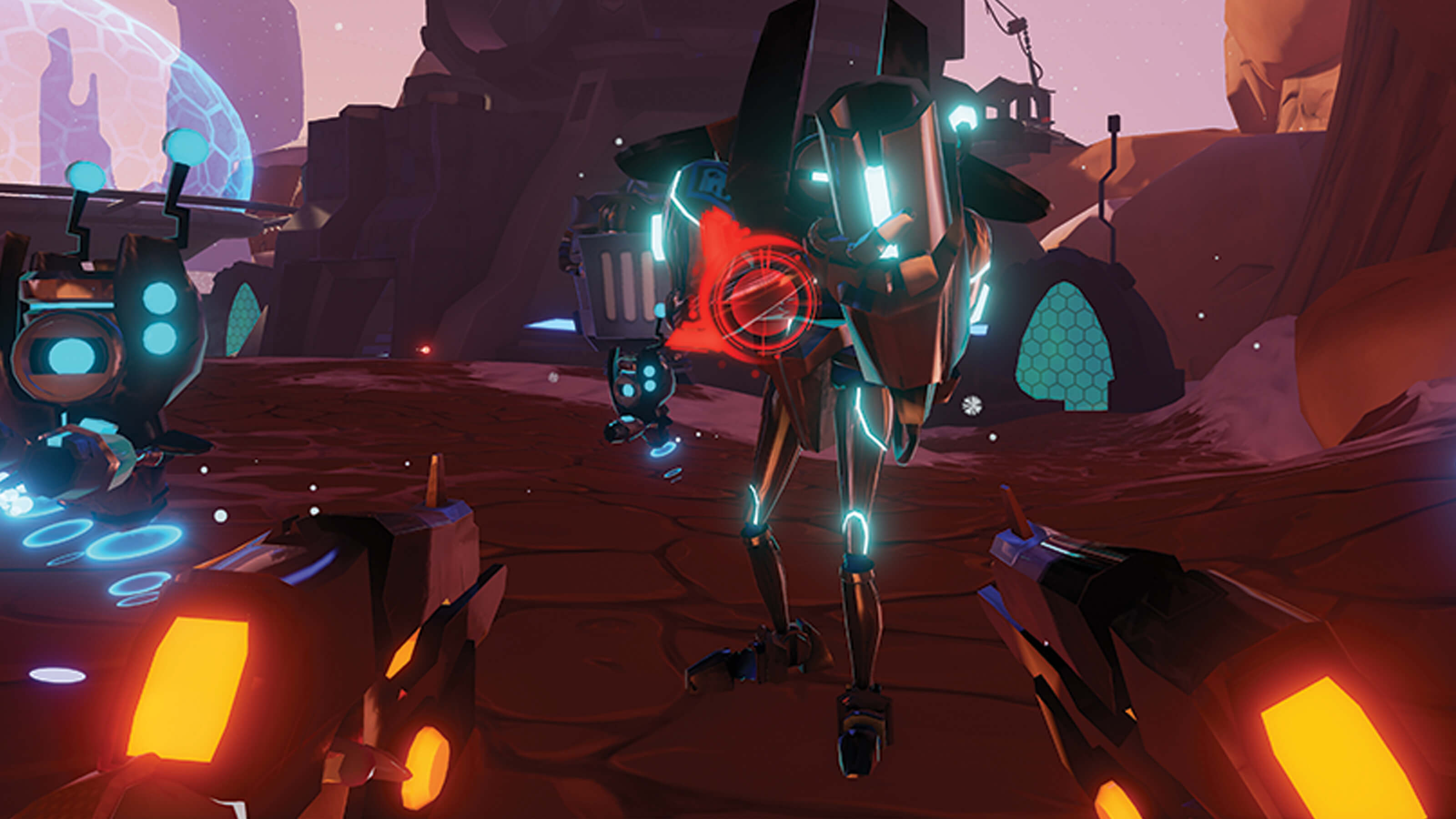A top-heavy robot with guns for arms approaches the dual-wielding player. 
