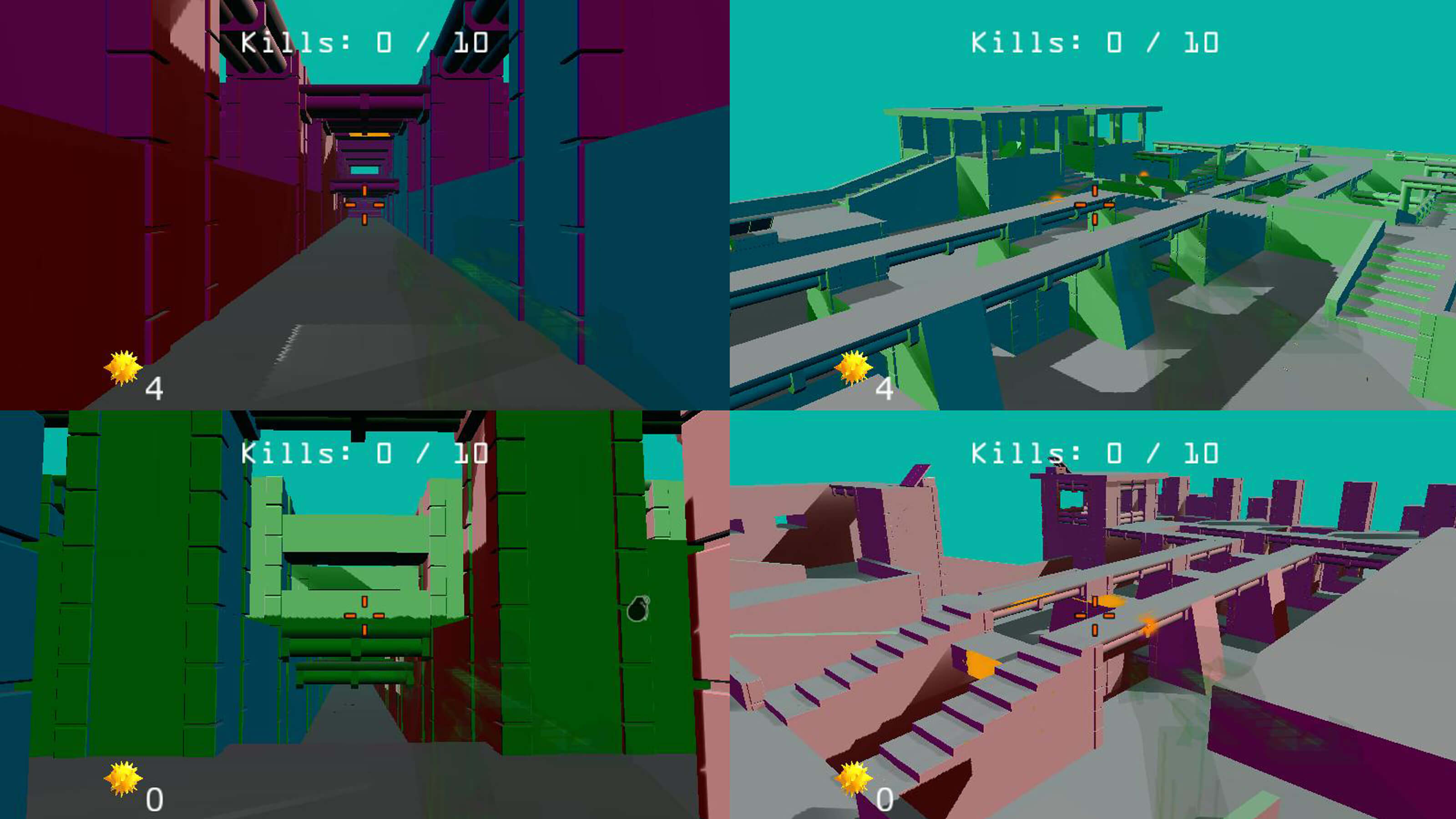 A four-player split-screen view of the abstract game level.