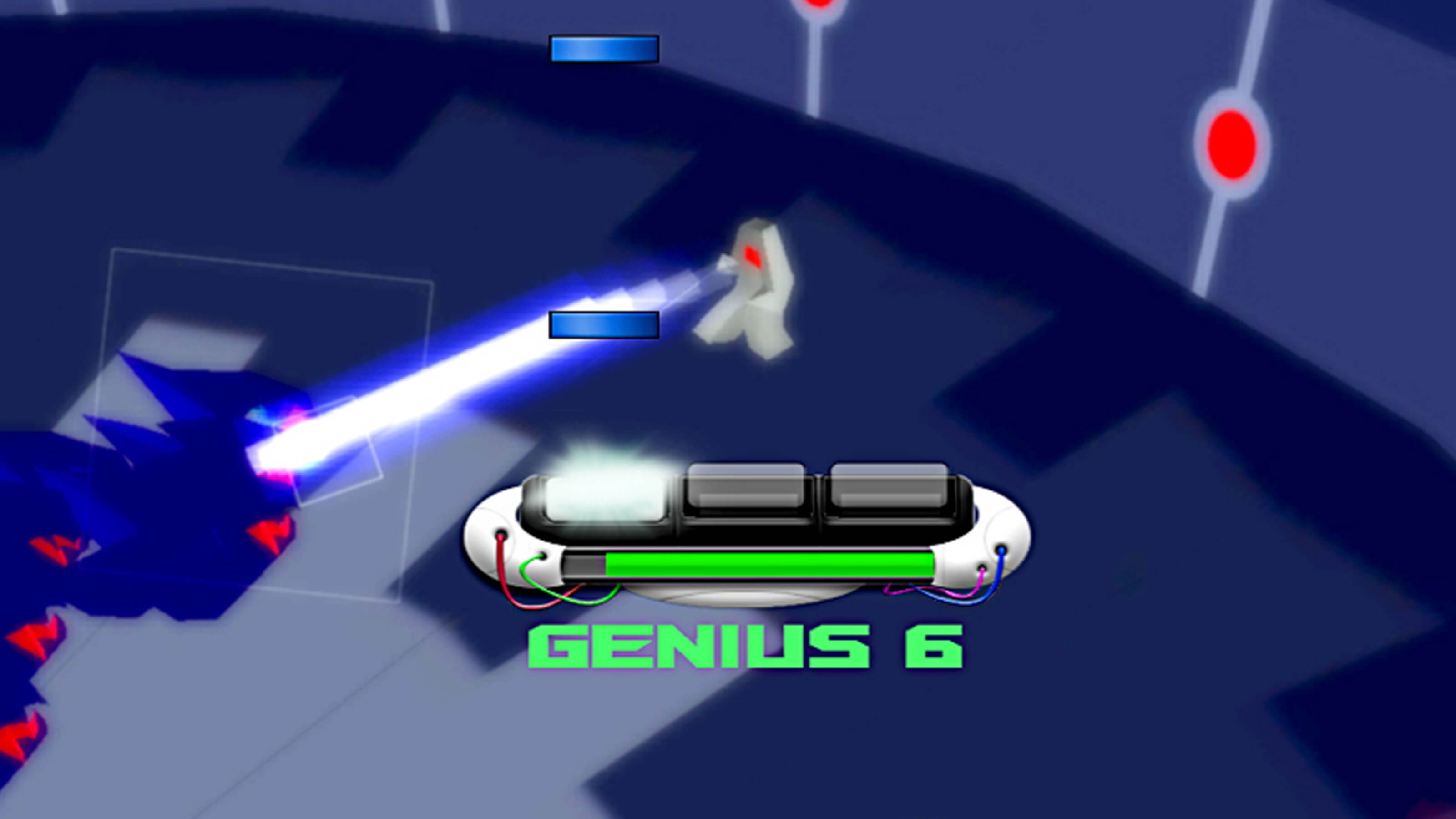A blue dash falls towards a console with the word "GENIUS 6" written below it.
