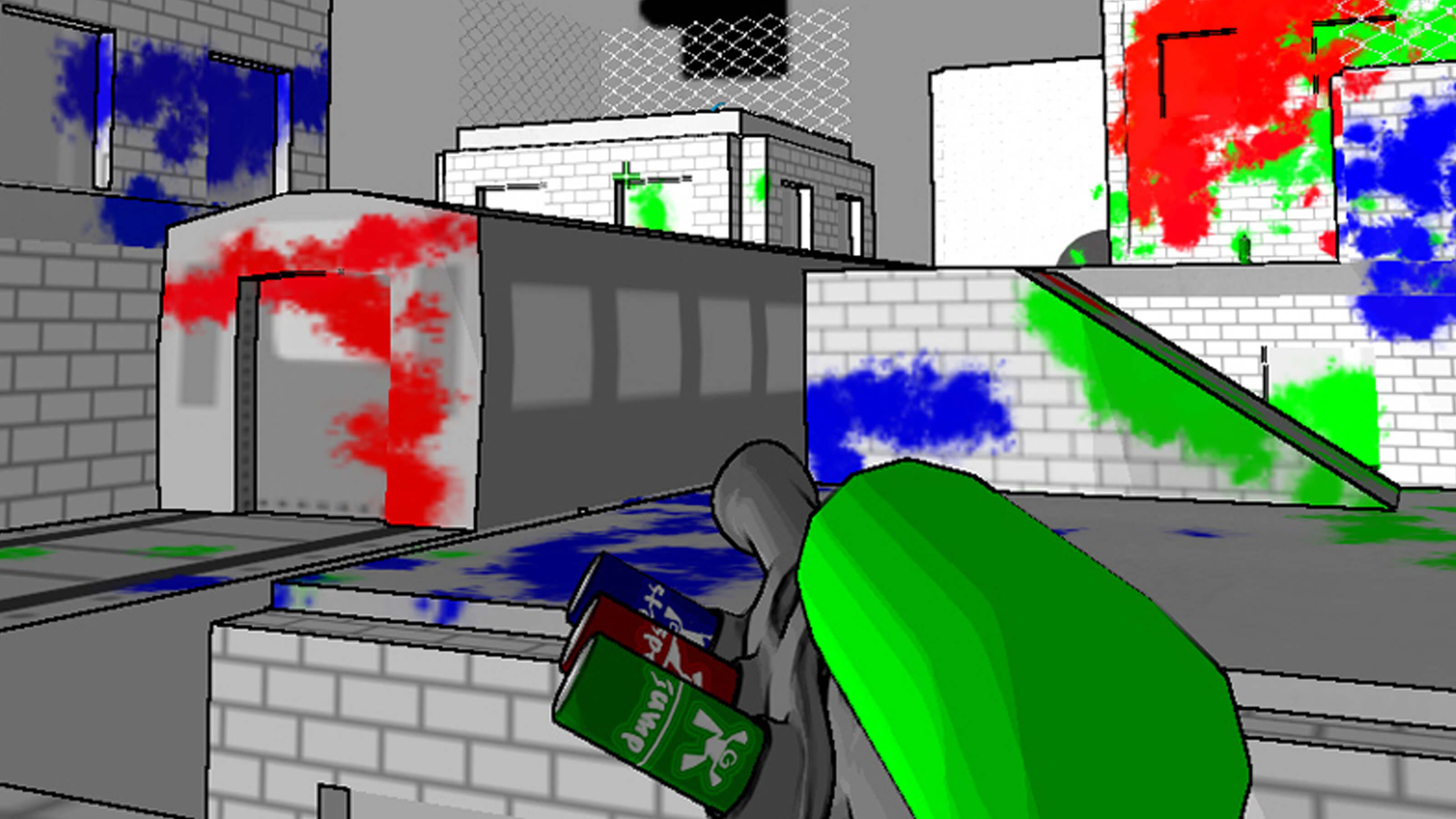 A spray paint gun points at a grey brick building rooftop covered in blue, red and green paint. 