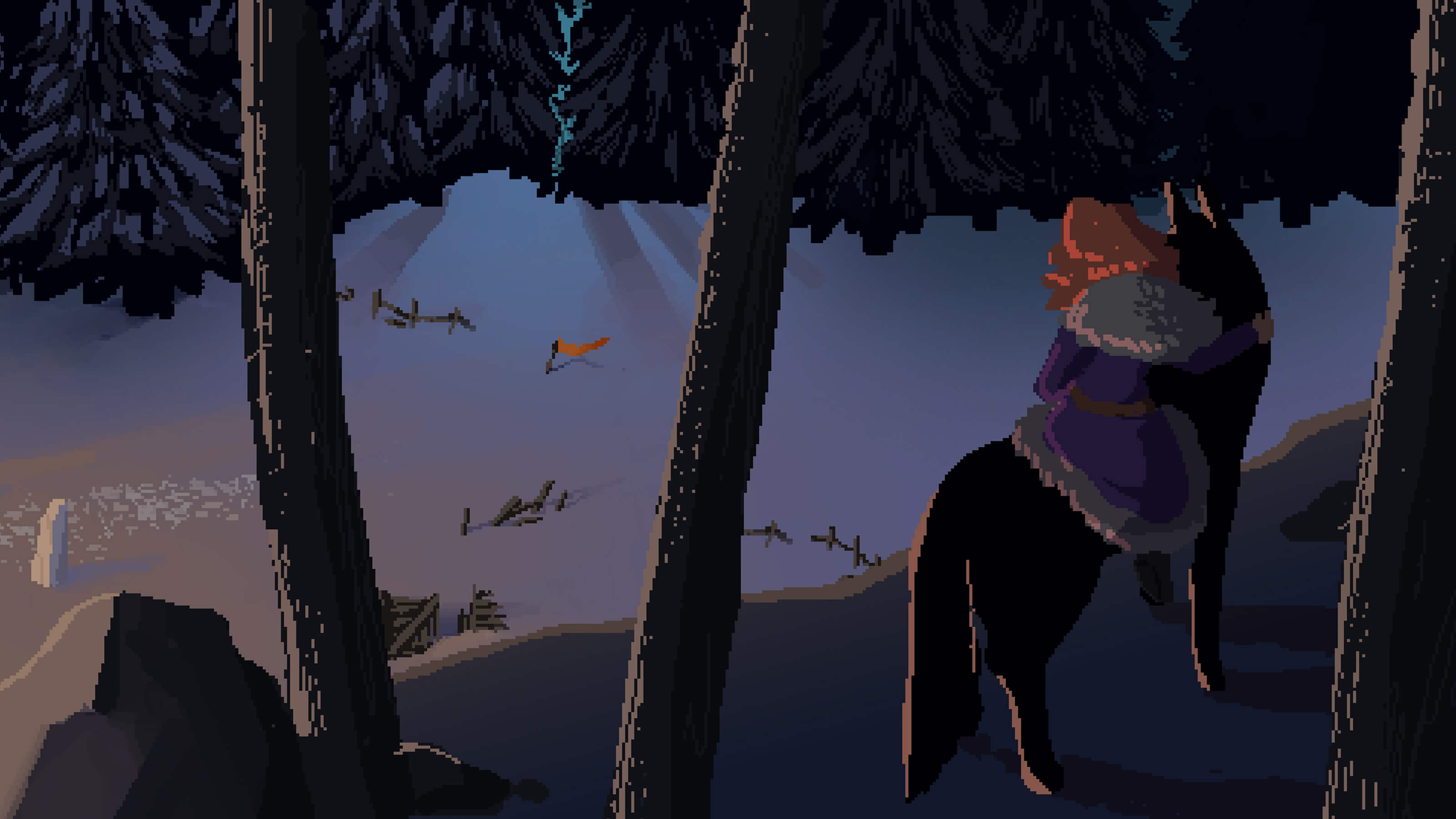 The game's heroine sits atop a wolf, gazing out at a snowy, forested landscape. 