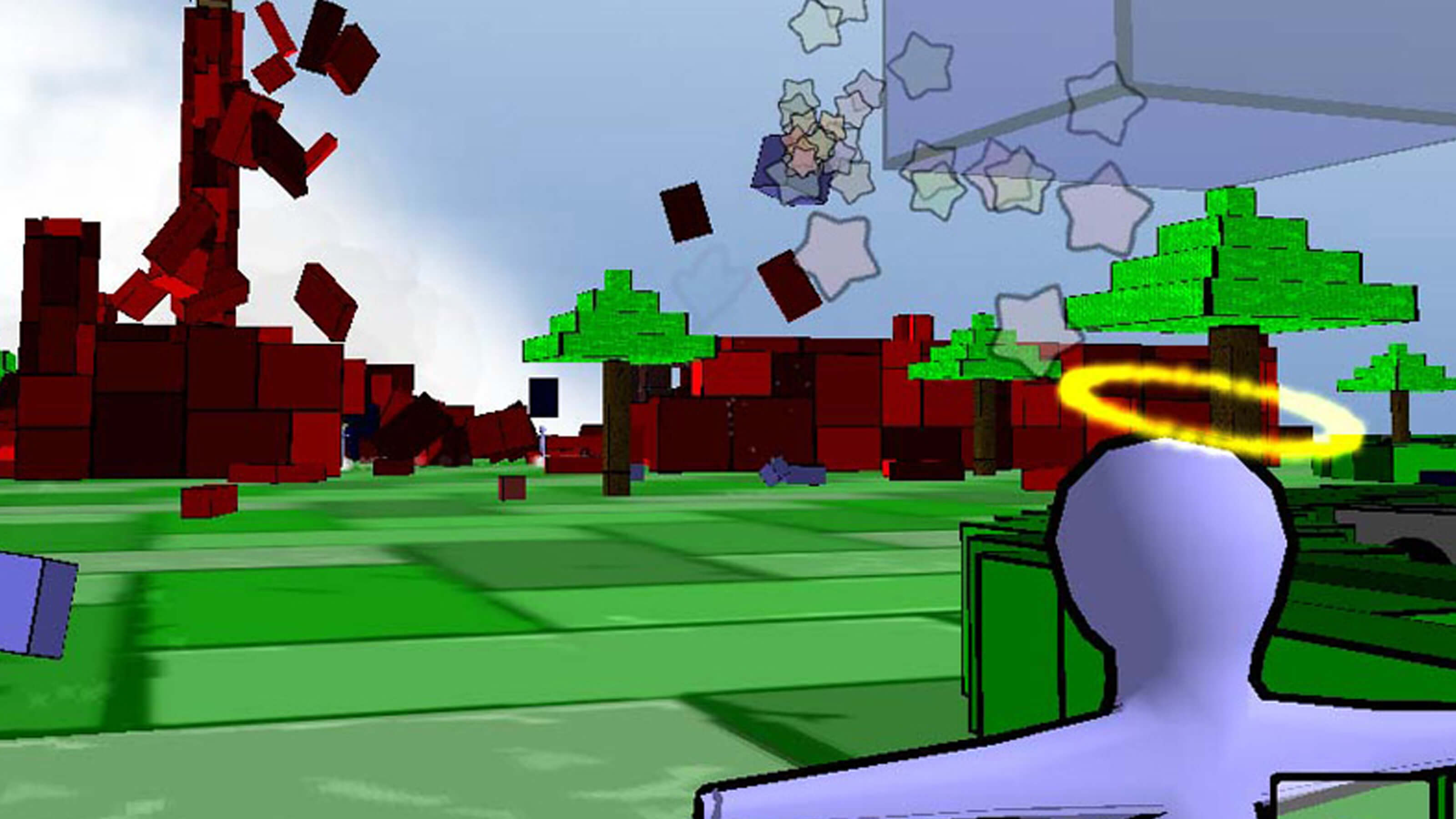 An avatar with a halo looks at a blocky world.