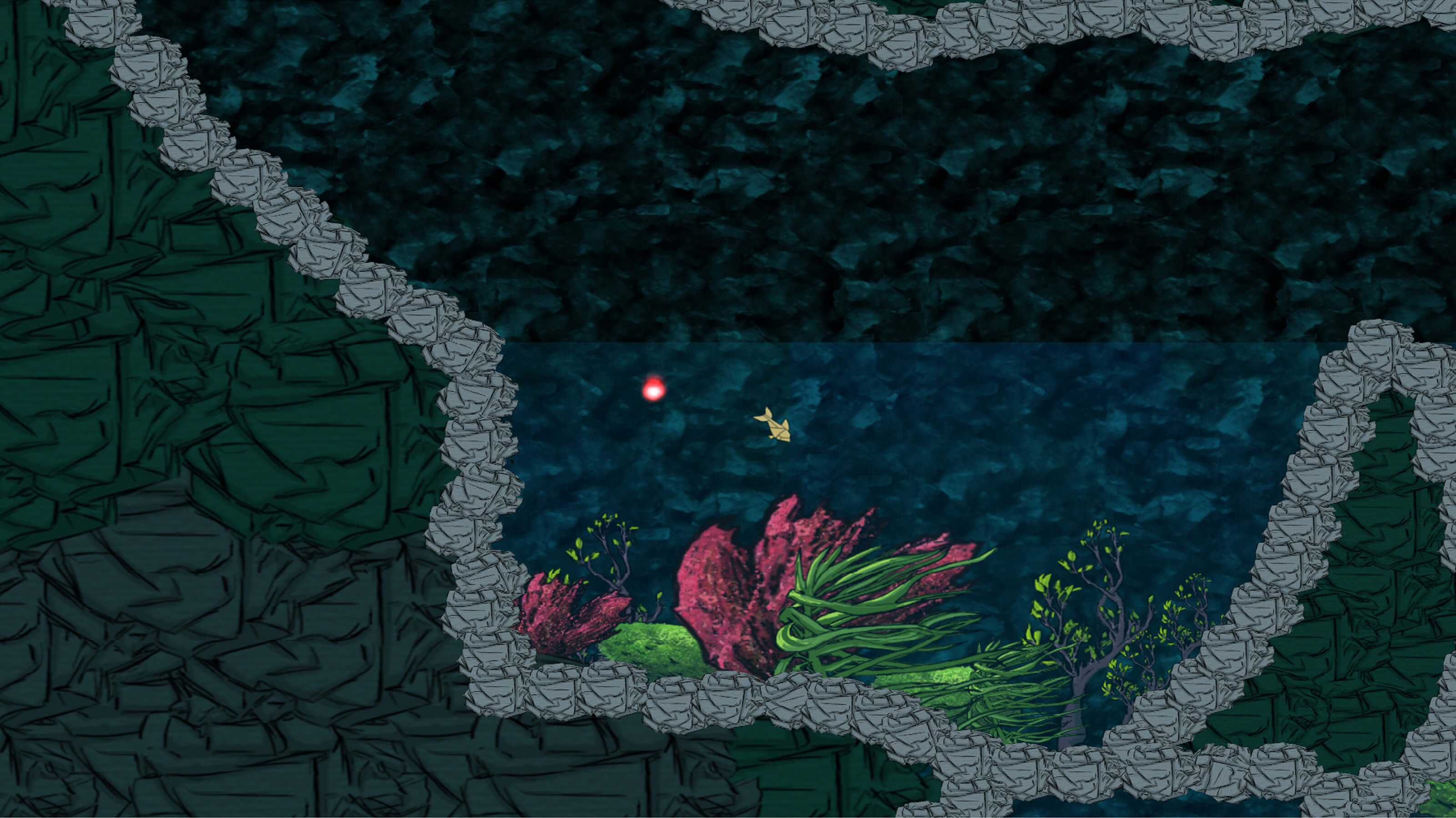 A fish swims toward the lush plant-populated bottom of a watery cave.