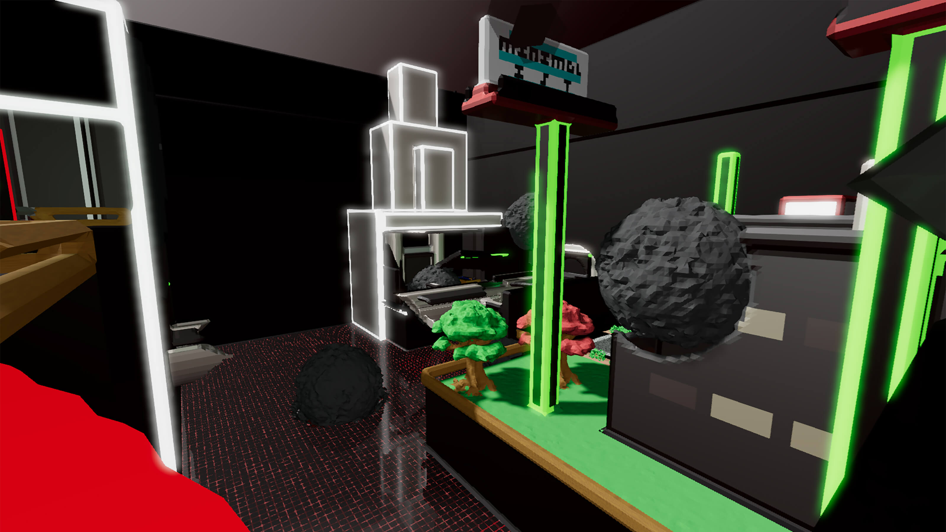 Grey orbs hover in the middle of a diorama in a futuristic room. 