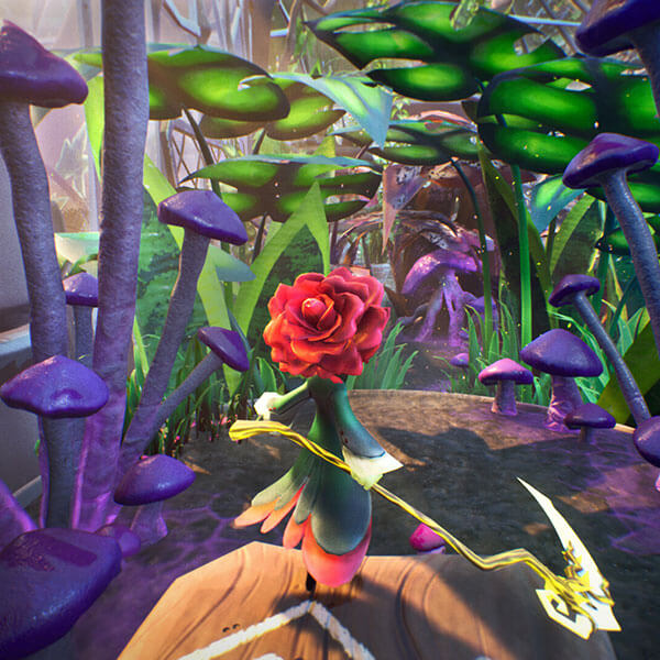 A tiny rose character, Rubin, stands on a platform above a path of towering mushrooms and plants.