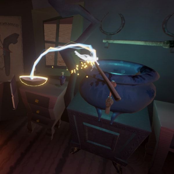 A wand shoots a beam at a bowl next to a large cauldron. 