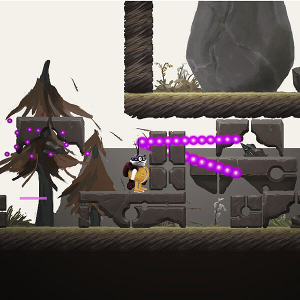 Pilot character surrounded by trees, rocks, and alien ruins