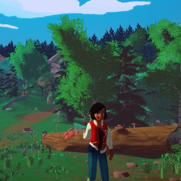 Elegy's main character, Robin, walking up a hill in a forested landscape