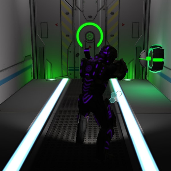 An alien impersonating a human soldier approaches a green blast door. 