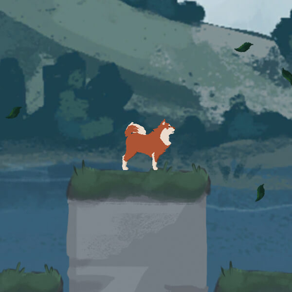 A golden brown dog stands in a painterly pastoral landscape.