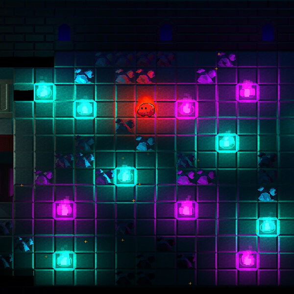 A red flame gooey stands next to turquoise and purple lanterns in a gridded room.