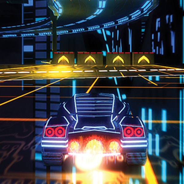 A glowing car with jet-boosters races through a futuristic roadway.