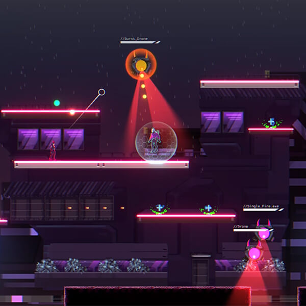 Neon cityscape at night; two characters stand on a platform surrounded by pulse-firing drones. 