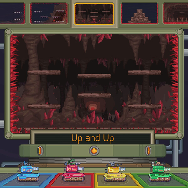 A green, yellow, blue and red tank stand at the level select screen.