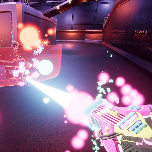 The player wields a pink turntable-like gun, blasting a white beam at a robotic enemy. 