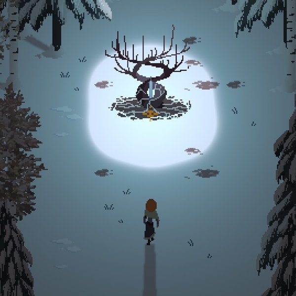 The game's heroine approaches a blade stuck in the base of a twisted, glowing tree, surrounded by darkness. 