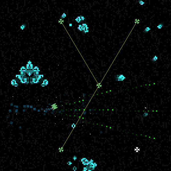 A pixellated spaceship, surrounded by grid-based enemies, fires a stream of projectiles.