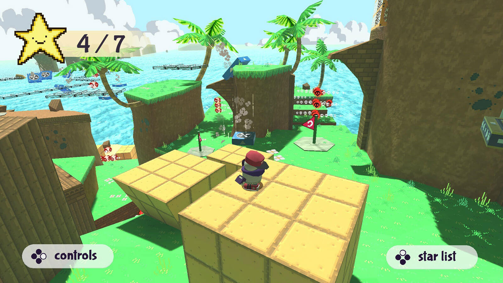 A short robot man looks at the landscape filled with blocks, palm trees, and floating obstacles