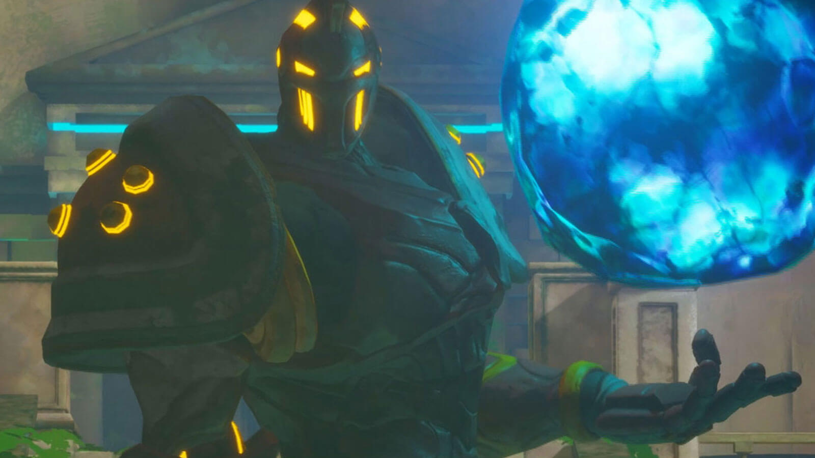 A huge sentient stone statue floats a glowing blue ball above their hand.
