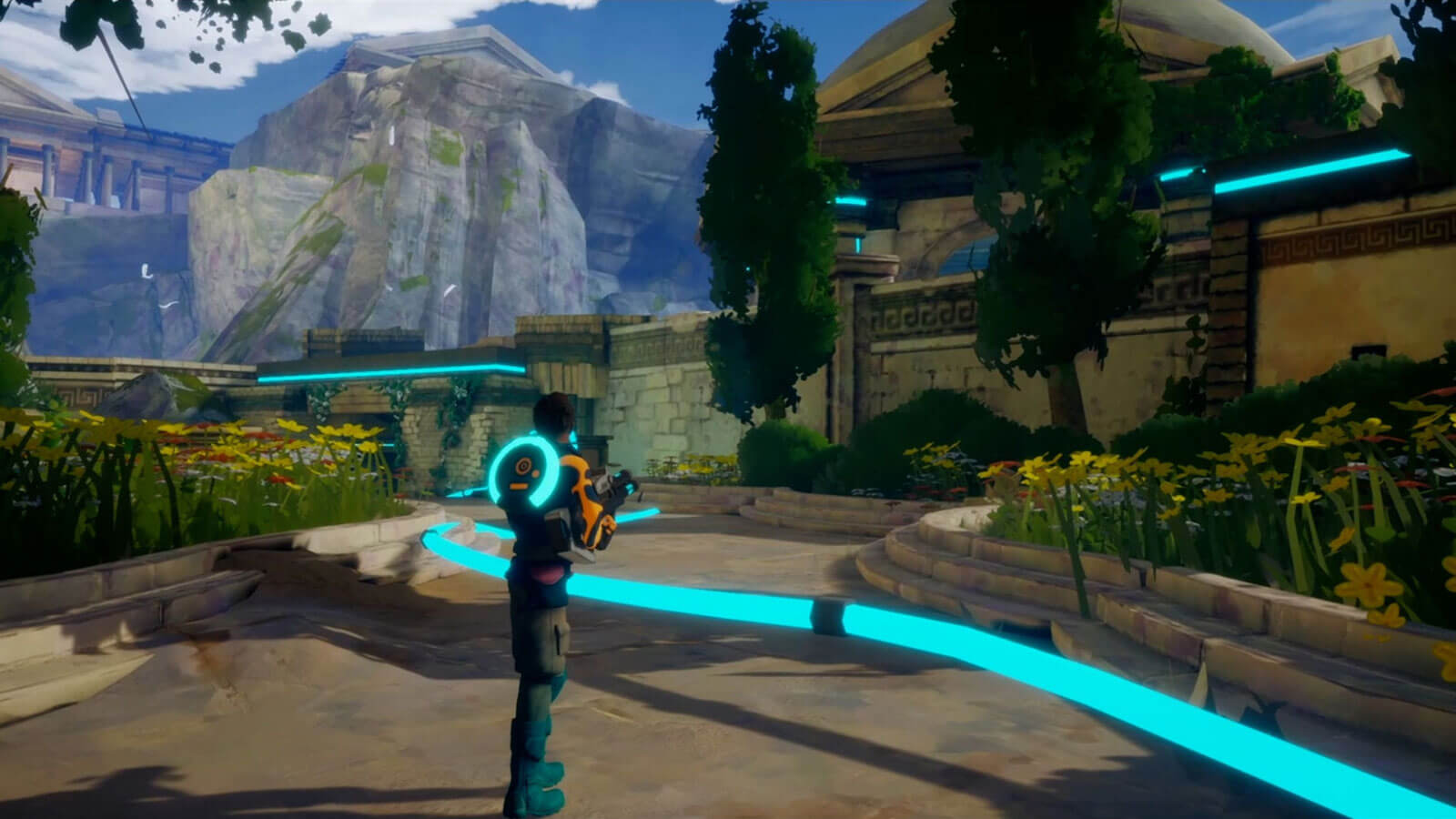 A human character holds a gun and stands in a large outdoor garden area with roman-like architecture.