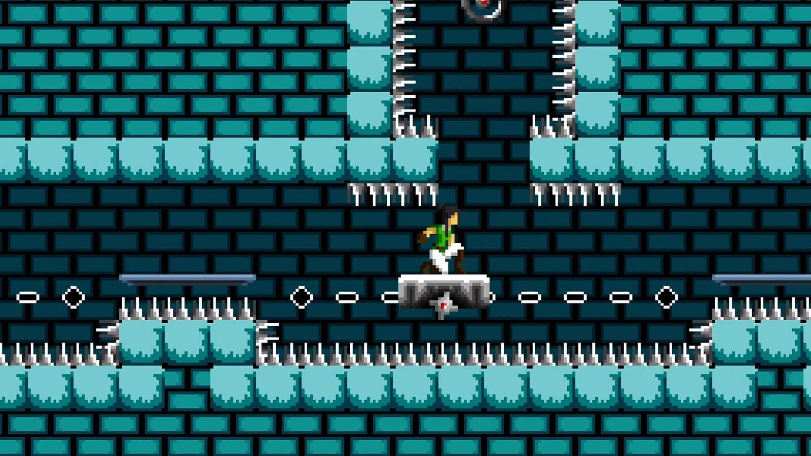 A woman crouches on a moving platform while surrounded by spikes below and above the platform.