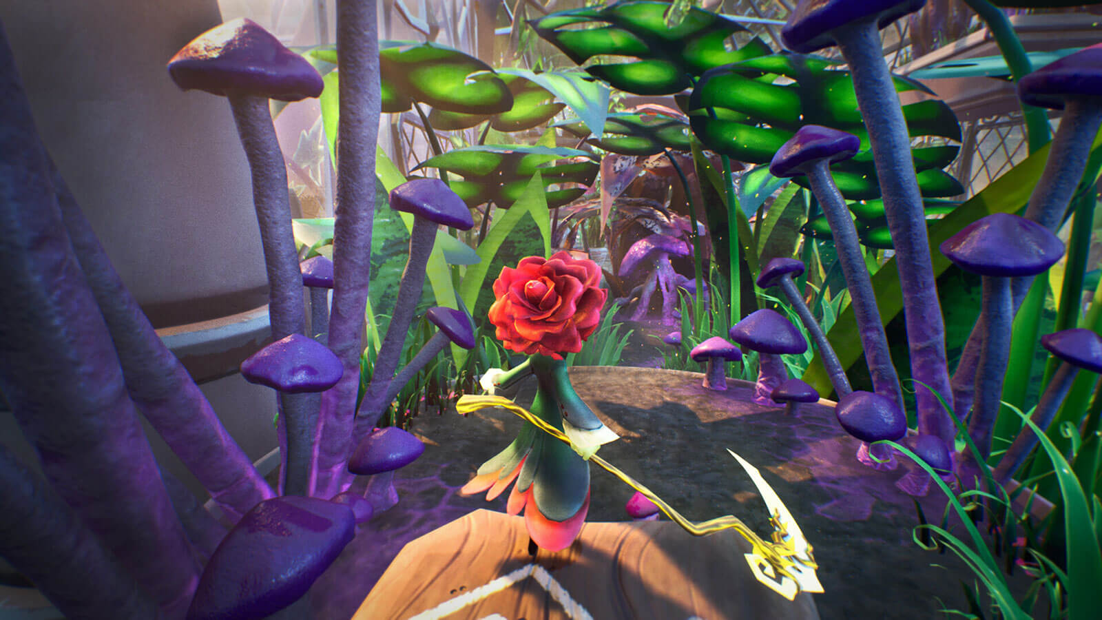 A tiny rose character, Rubin, stands on a platform above a path of towering mushrooms and plants.