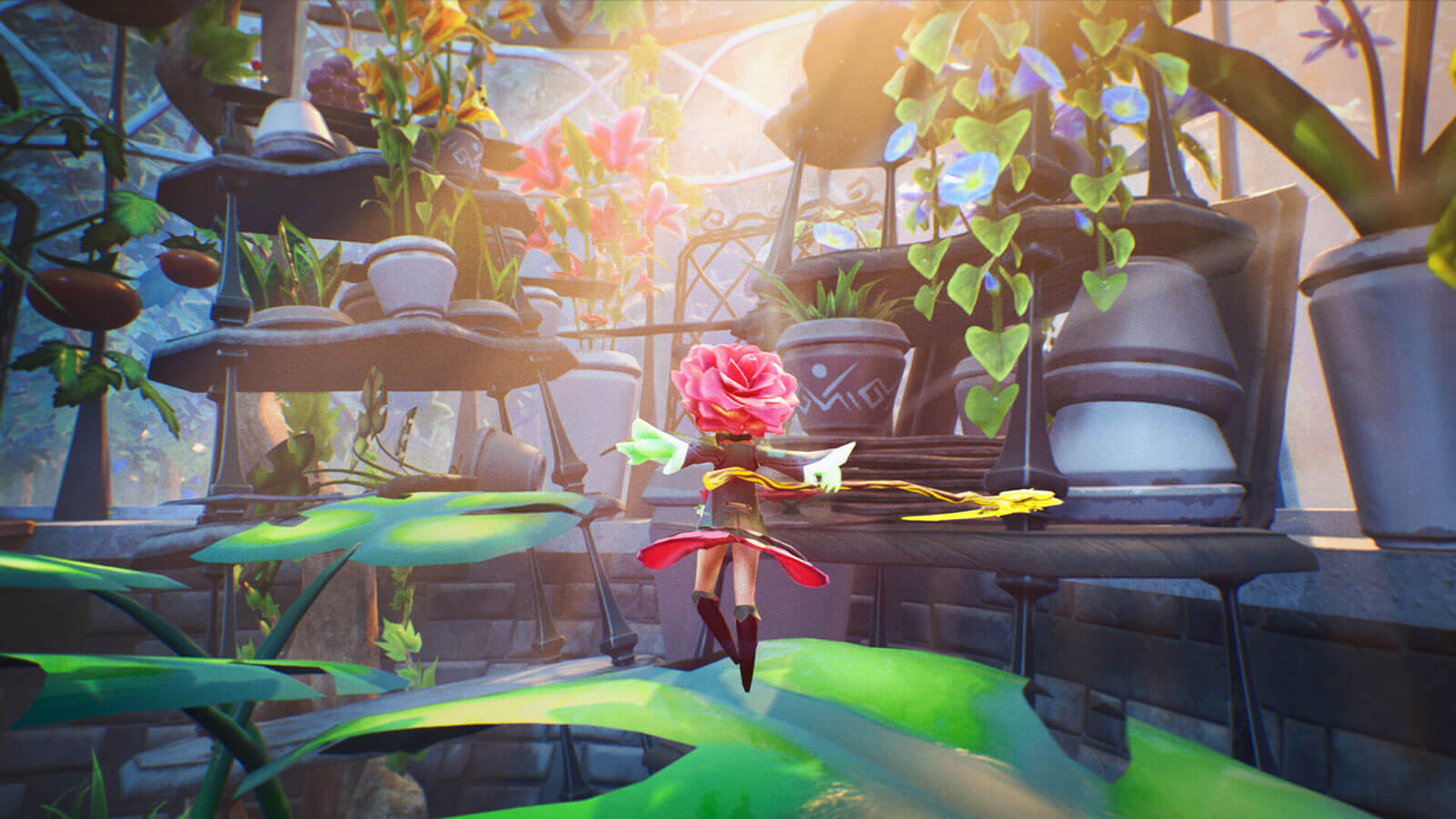 A tiny rose character jumps gracefully on top of large leaves.