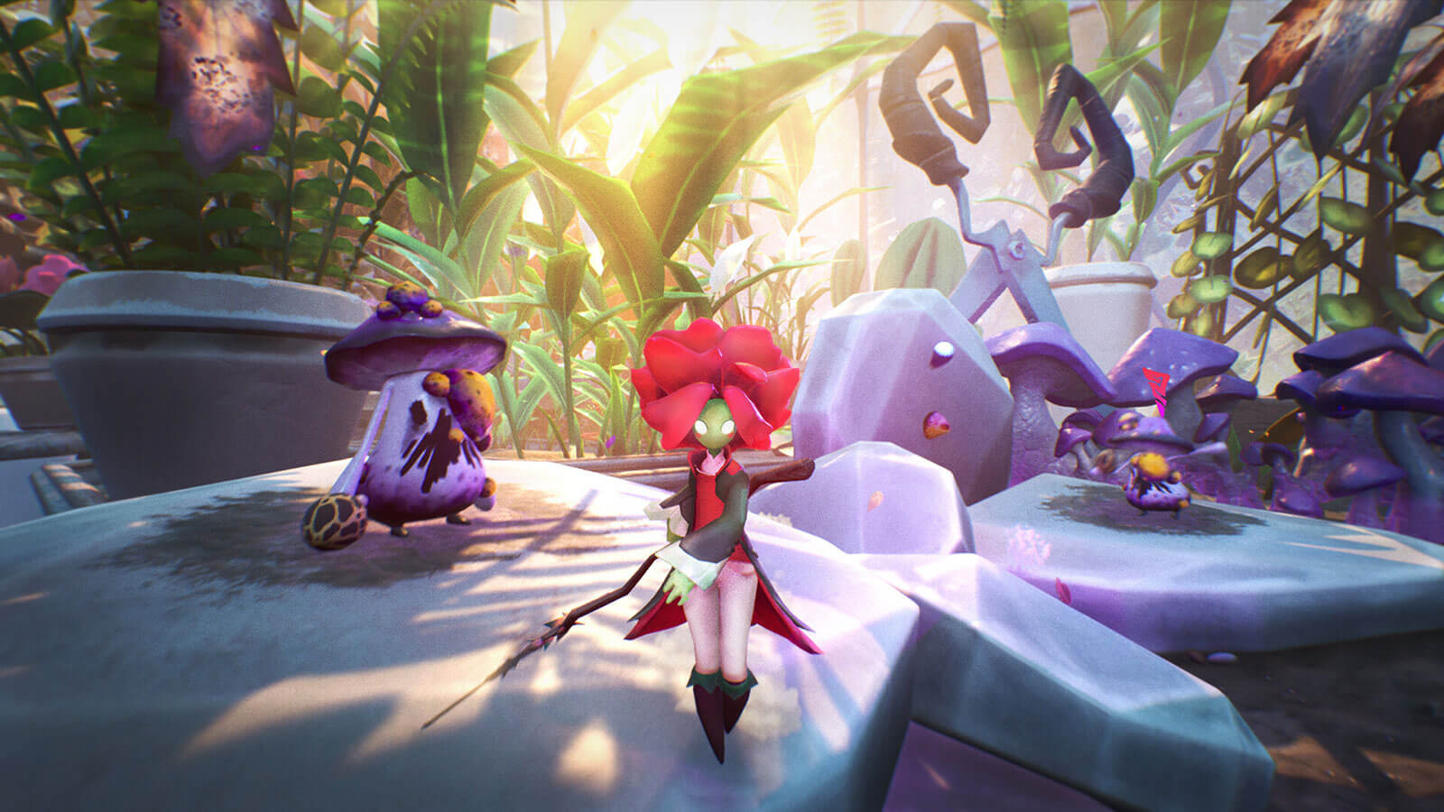 A tiny rose character stands in front of two purple mushroom enemies.