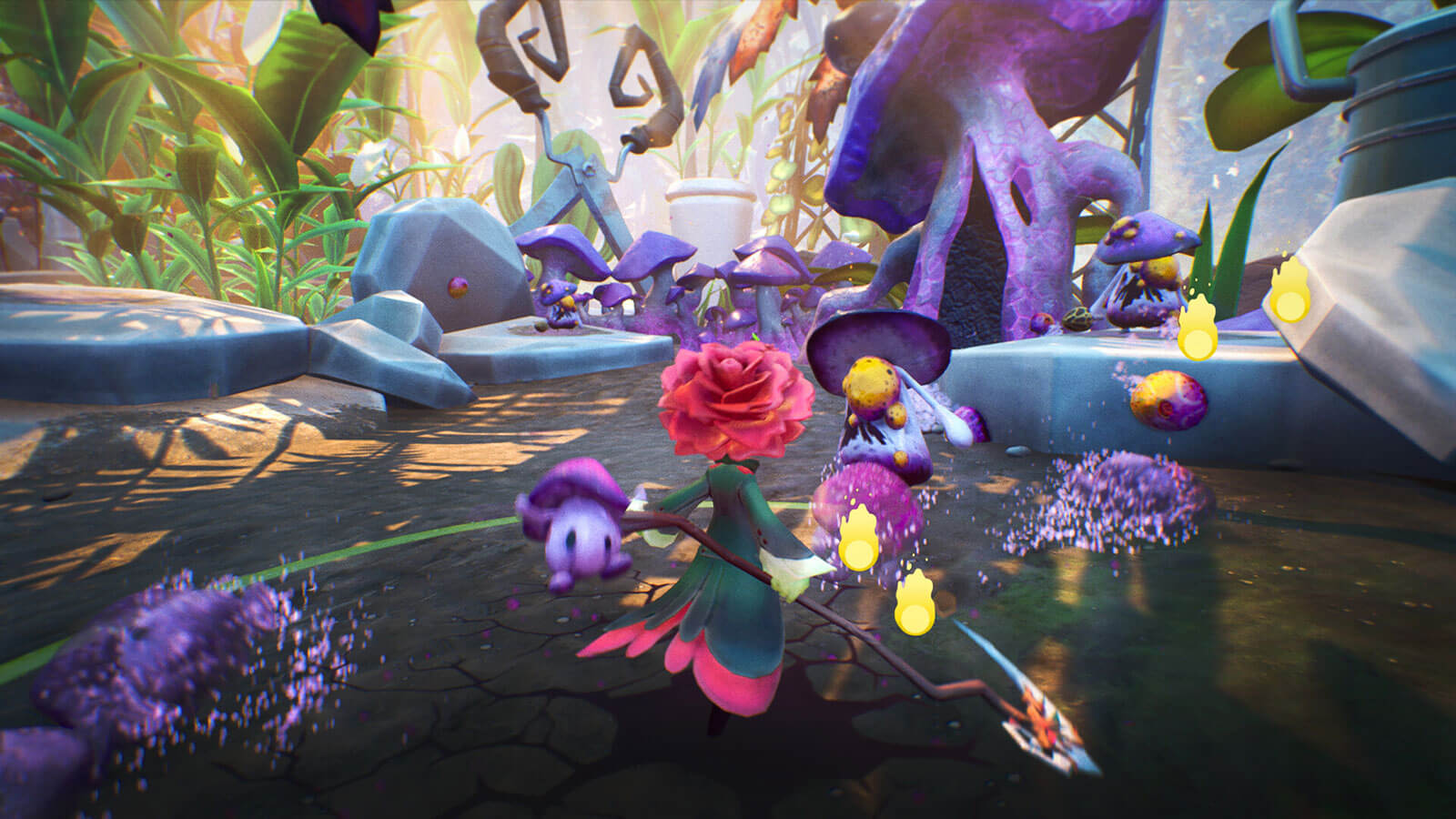 A tiny rose character uses a scythe to slash multiple mushroom enemies.