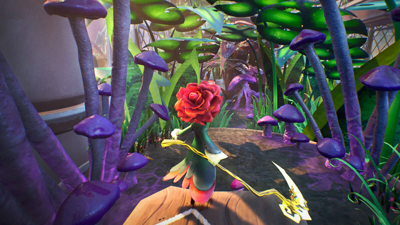 A tiny rose character, Rubin, stands on a platform above a path of towering mushrooms and plants.
