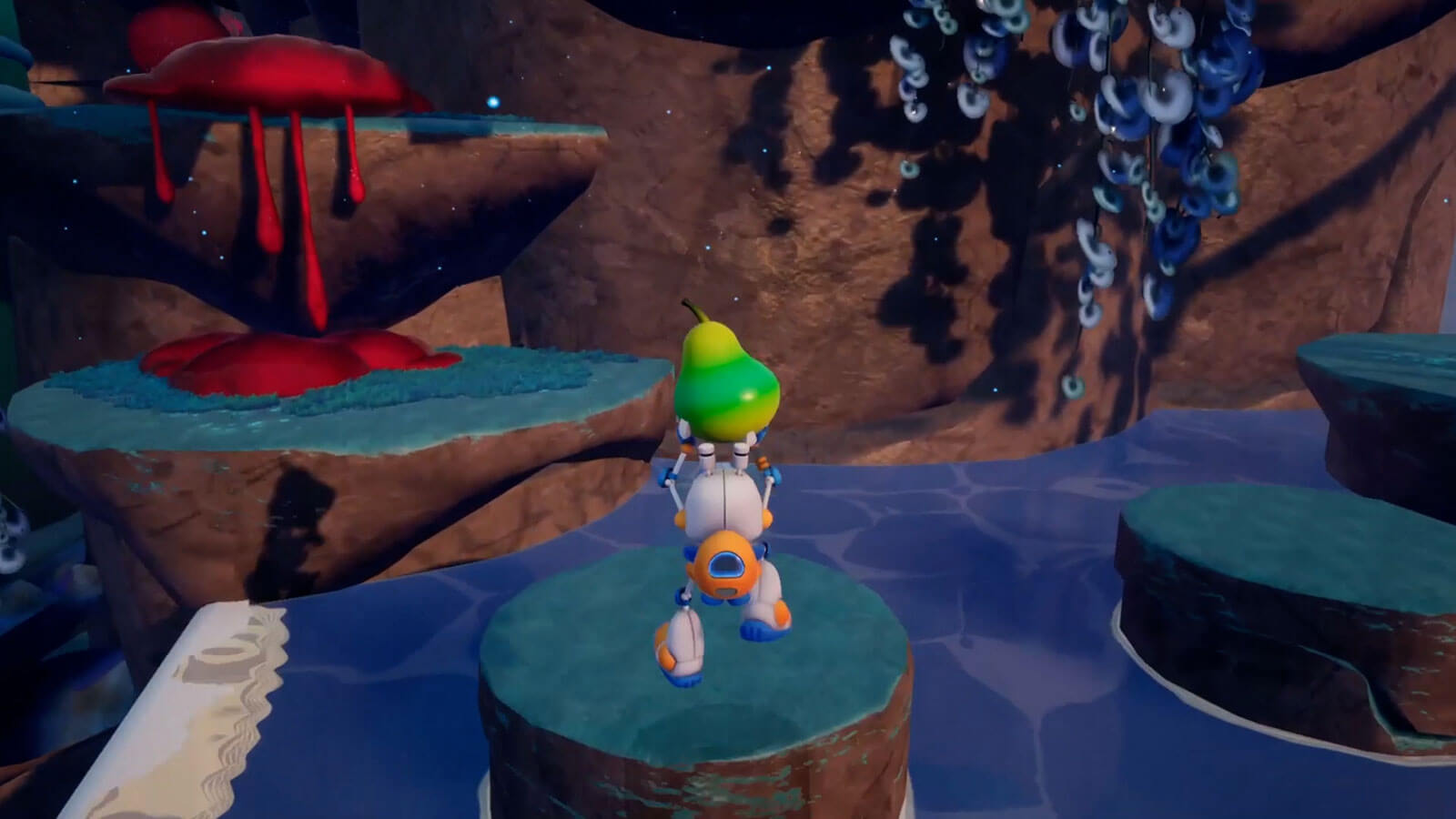 A robot man holds a pear above their head as they jump between platforms in a river.