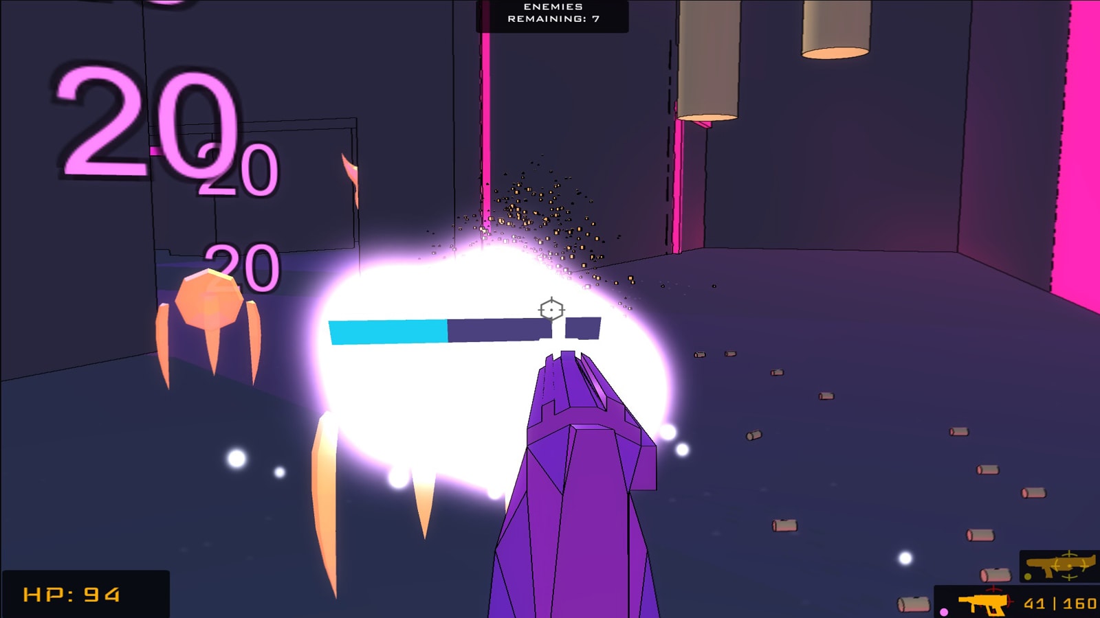 The player fires a glowing burst from a purple gun at a yellow anti-virus.