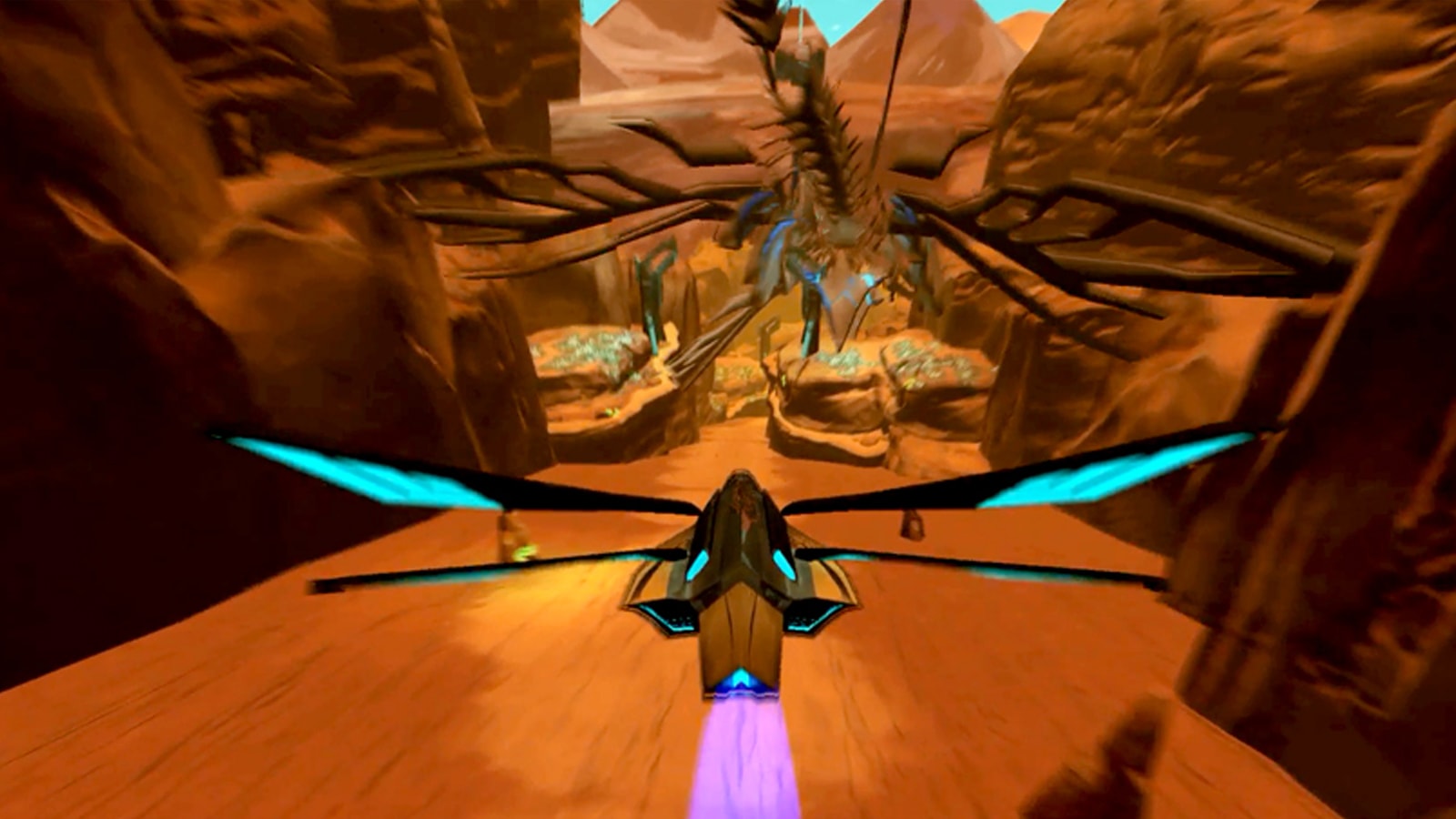 A spacecraft with bug-like wings soars over a desert cavern, a flying alien overhead. 