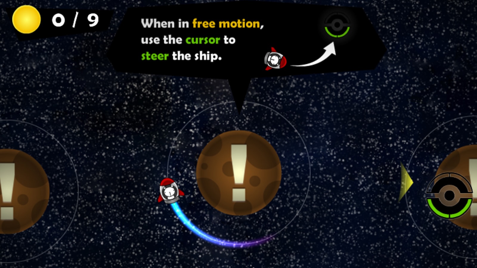 A rabbit in a spaceship circles a hint planet, a dialogue box explaining "free motion" controls to the player. 