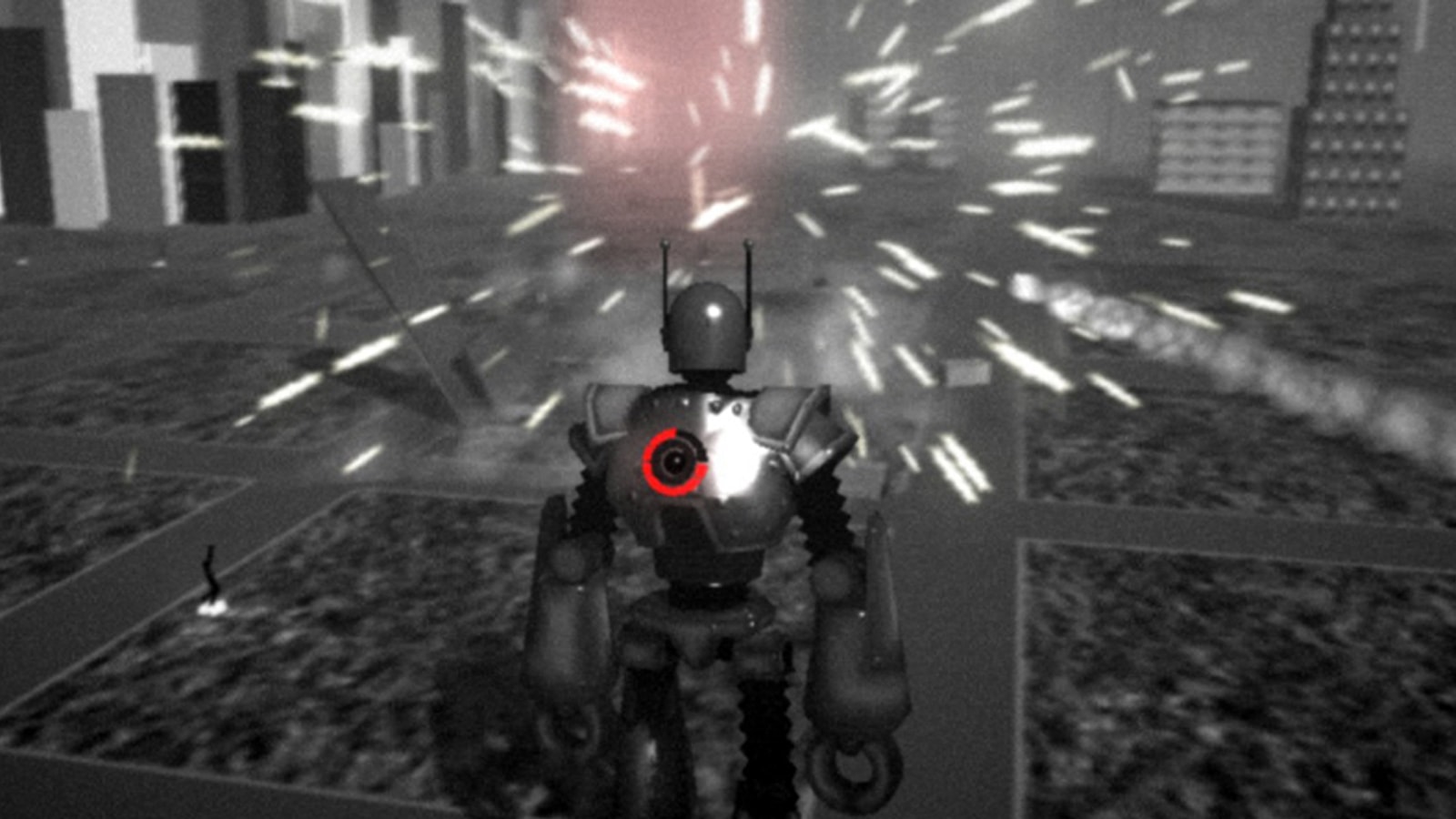 The backside of a large robot with two claw-like hands and a red light-up meter on it.
