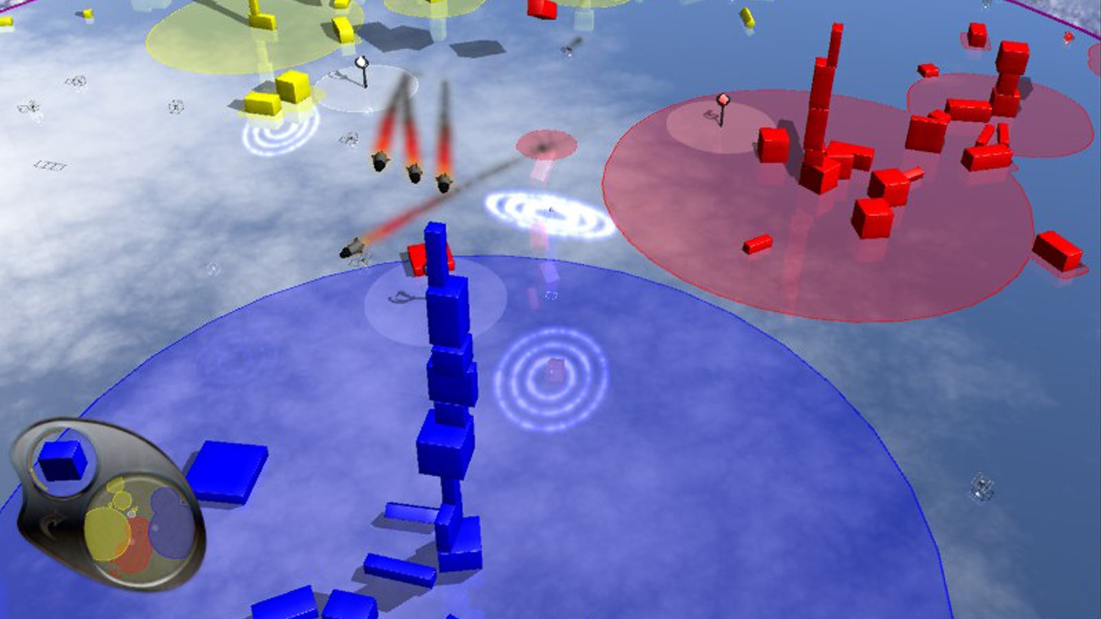 Missiles fly towards a blue stack of shapes as a red and yellow stack grows in the distance. 