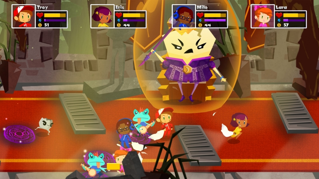 The four main characters battle with banjo wielding frogs and an evil egg shell. 