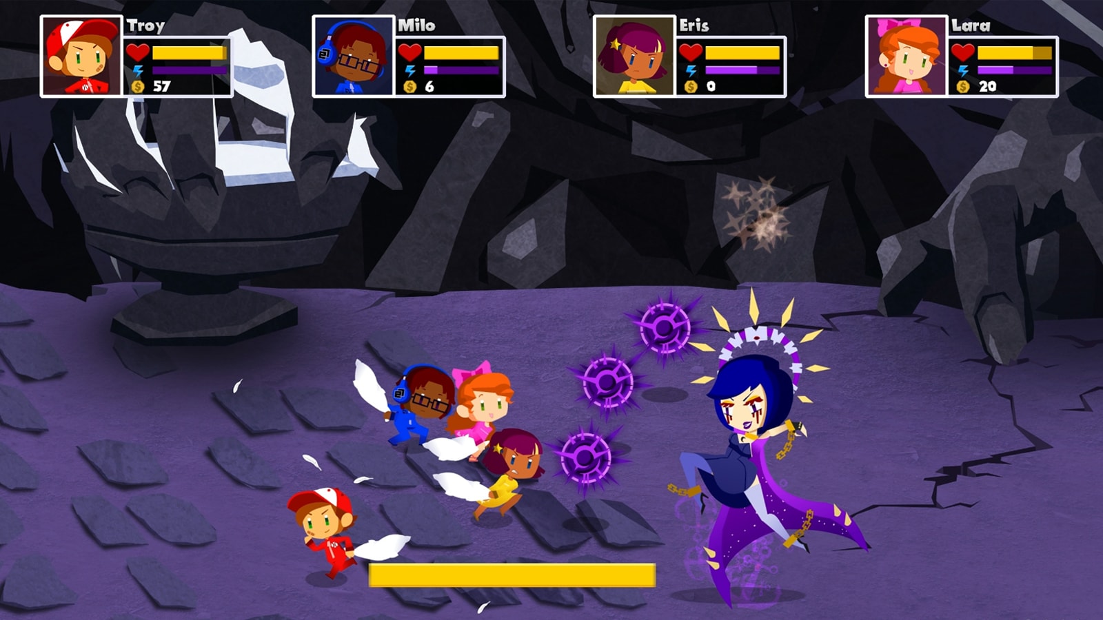 The four main characters swing their pillows at the game's primary villain, Nyx, goddess of the night