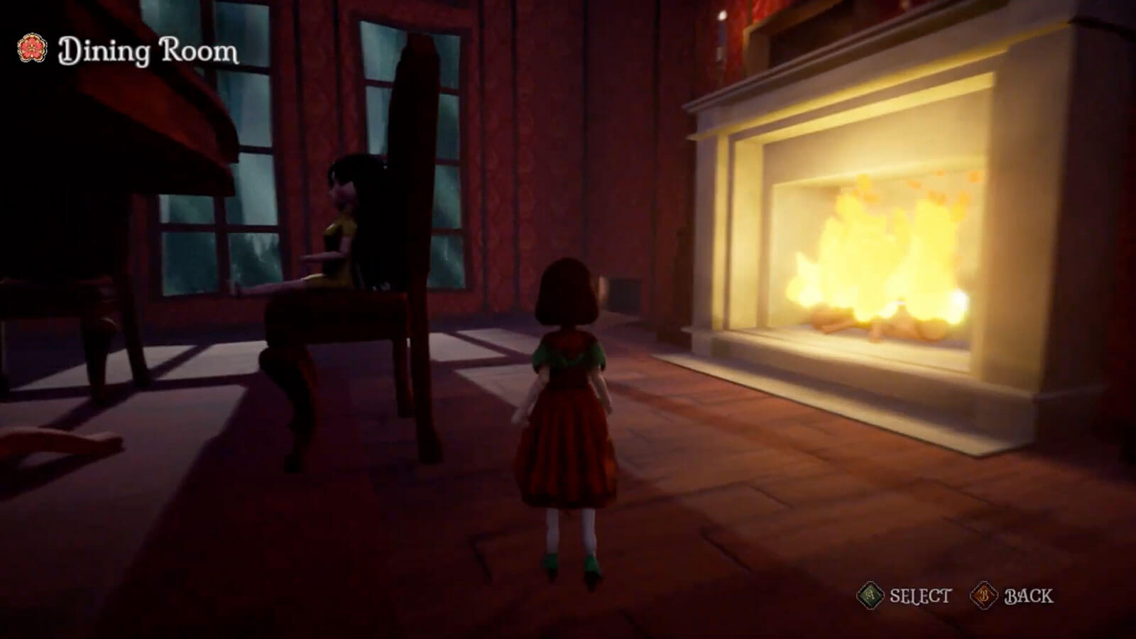 Porcelain doll stands next to a burning fireplace