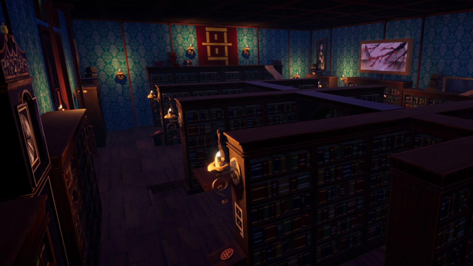 A candlelit library