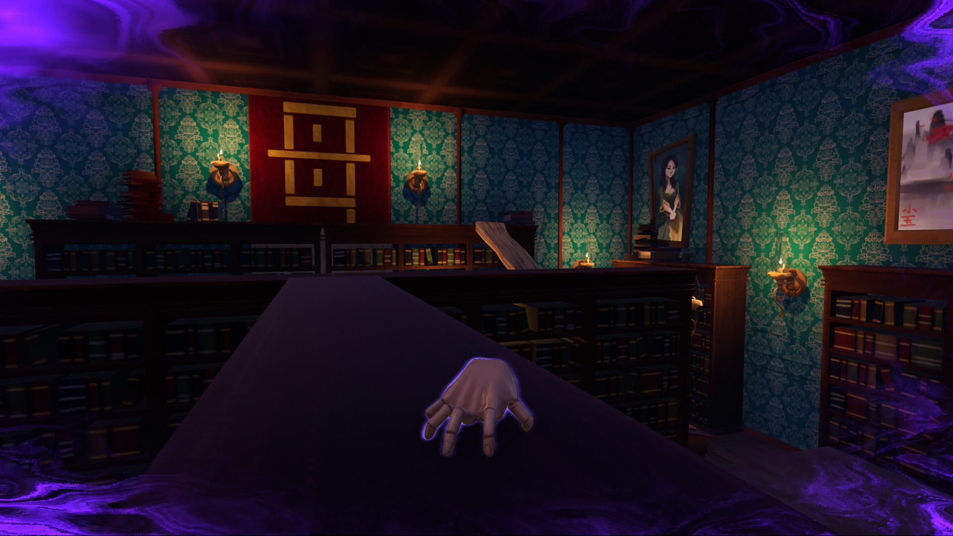 Detached doll hand crawls along the top of a bookshelf