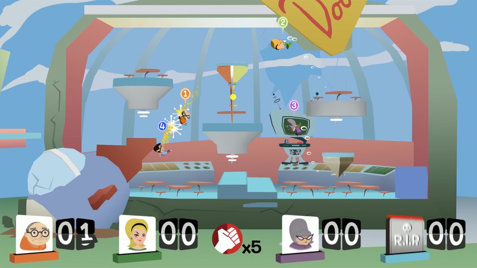 Four workers attack each other mid-air in a futuristic office.