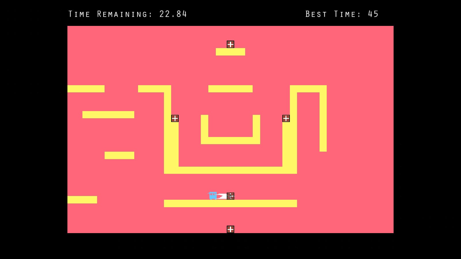 A blue ninja on a pink background attacks a box on a yellow platform. 