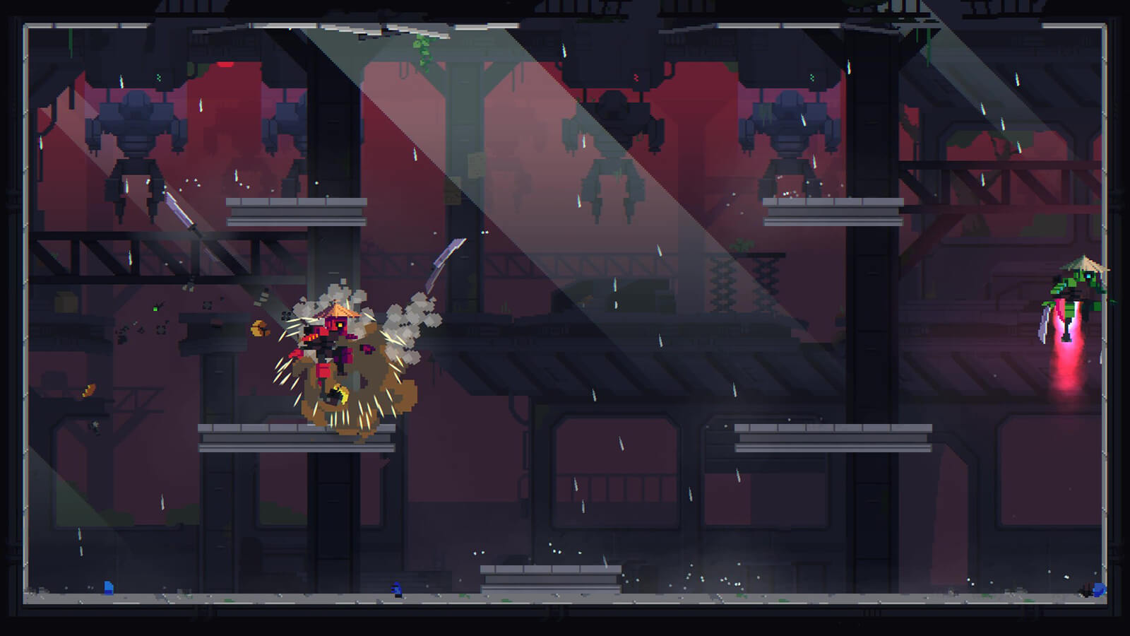 A yellow robot explodes as a red robot jumps past it. A green robot hovers on the edge of the stage.