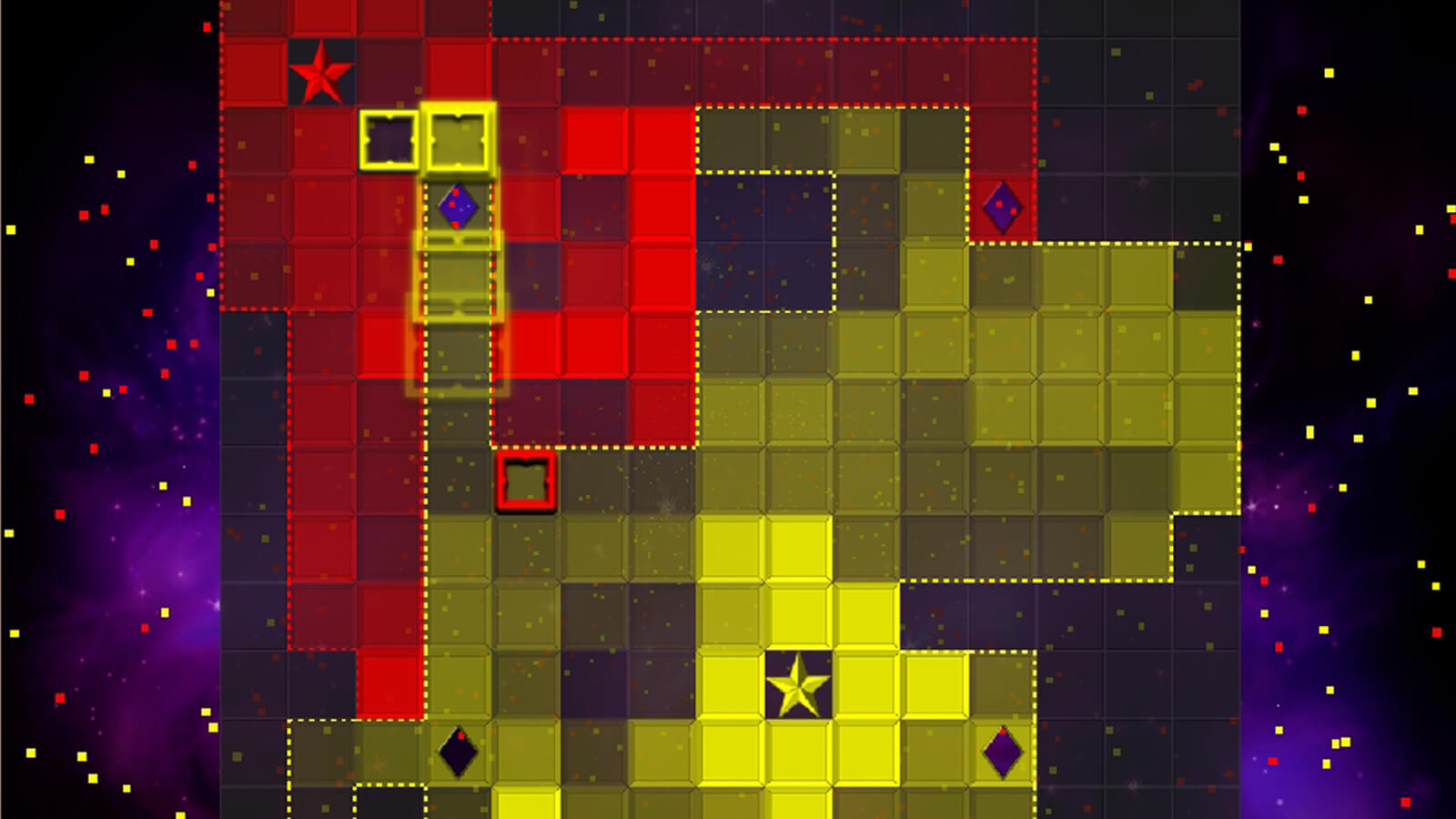 Yellow squares and red squares compete for grid space.